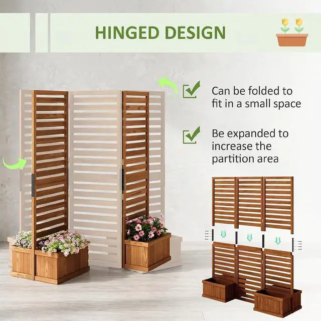 Alt view image 4 of 7 - Freestanding Outdoor Privacy Screen for Hot Tub, 3-Panel, Natural | 4 Self-Draining Planters / Raised Garden Beds, Hinged Panels, Patio, Backyard, Deck