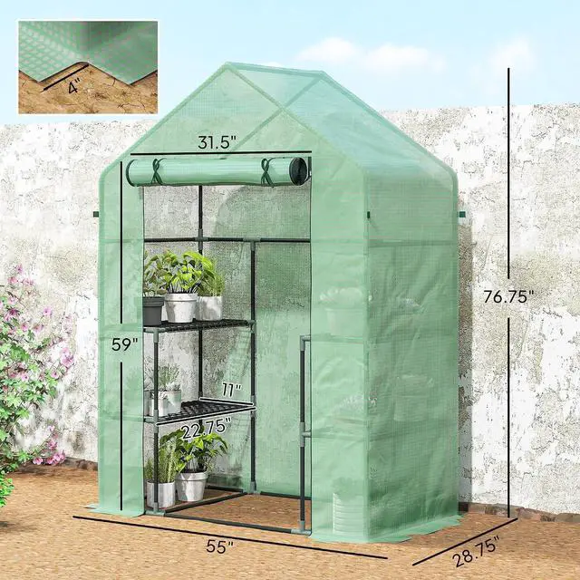 Alt view image 7 of 7 - 5' x 2.5' x 6.5' Mini Walk-in Greenhouse 3 Tier Shelves PE Green | Green House Kit, Portable, Roll-Up Door, Weatherized Cover, Backyard Garden