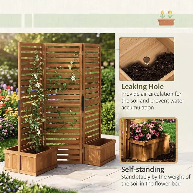 Alt view image 5 of 7 - Freestanding Outdoor Privacy Screen for Hot Tub, 3-Panel, Natural | 4 Self-Draining Planters / Raised Garden Beds, Hinged Panels, Patio, Backyard, Deck
