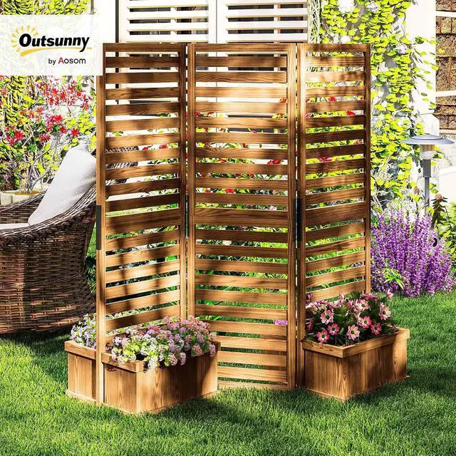 Alt view image 2 of 7 - Freestanding Outdoor Privacy Screen for Hot Tub, 3-Panel, Natural | 4 Self-Draining Planters / Raised Garden Beds, Hinged Panels, Patio, Backyard, Deck