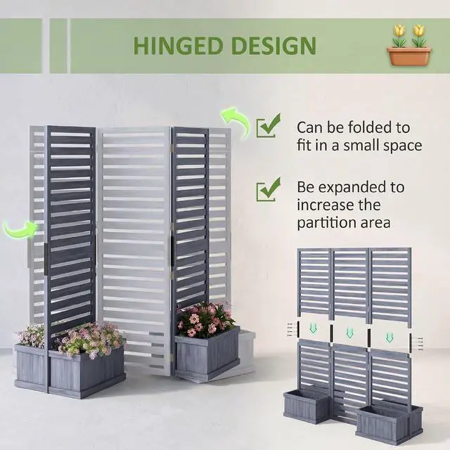 Alt view image 4 of 7 - Freestanding Outdoor Privacy Screen for Hot Tub, 3-Panel, Gray | 4 Self-Draining Planters / Raised Garden Beds, Hinged Panels, Patio, Backyard, Deck