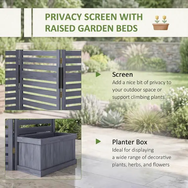 Alt view image 3 of 7 - Freestanding Outdoor Privacy Screen for Hot Tub, 3-Panel, Gray | 4 Self-Draining Planters / Raised Garden Beds, Hinged Panels, Patio, Backyard, Deck