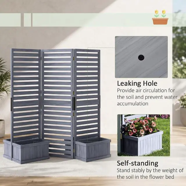 Alt view image 5 of 7 - Freestanding Outdoor Privacy Screen for Hot Tub, 3-Panel, Gray | 4 Self-Draining Planters / Raised Garden Beds, Hinged Panels, Patio, Backyard, Deck