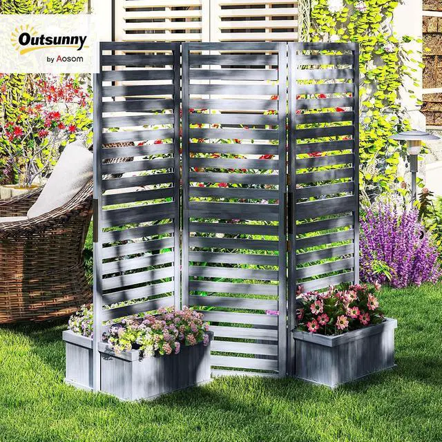Alt view image 2 of 7 - Freestanding Outdoor Privacy Screen for Hot Tub, 3-Panel, Gray | 4 Self-Draining Planters / Raised Garden Beds, Hinged Panels, Patio, Backyard, Deck