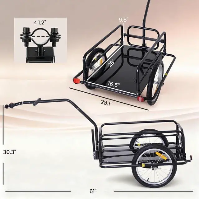 Alt view image 7 of 7 - Bike Cargo Trailer Heavy-Duty with Universal Hitch 16" Wheels Black | Bicycle Trailer, Bike Wagon Cart, Foldable Compact Storage, 88 lbs. Capacity