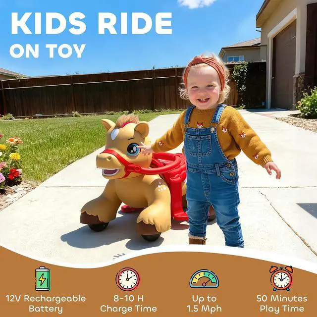 Alt view image 4 of 7 - Qaba 12V Ride on Horse Battery Powered Ride on Toy Ages 1.5-3 Years Brown | Interactive Electric Kids Riding Pony, Carrot Toy, Comb, Animal Sounds, Light, Gift for Girls Boys