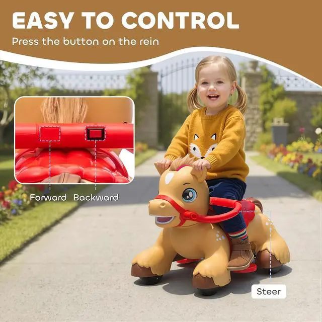 Alt view image 5 of 7 - Qaba 12V Ride on Horse Battery Powered Ride on Toy Ages 1.5-3 Years Brown | Interactive Electric Kids Riding Pony, Carrot Toy, Comb, Animal Sounds, Light, Gift for Girls Boys