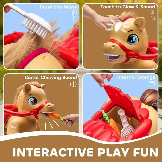Alt view image 3 of 7 - Qaba 12V Ride on Horse Battery Powered Ride on Toy Ages 1.5-3 Years Brown | Interactive Electric Kids Riding Pony, Carrot Toy, Comb, Animal Sounds, Light, Gift for Girls Boys