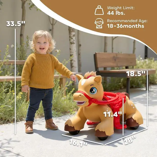 Alt view image 7 of 7 - Qaba 12V Ride on Horse Battery Powered Ride on Toy Ages 1.5-3 Years Brown | Interactive Electric Kids Riding Pony, Carrot Toy, Comb, Animal Sounds, Light, Gift for Girls Boys