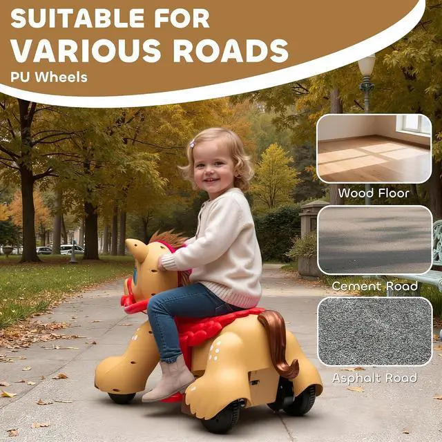 Alt view image 6 of 7 - Qaba 12V Ride on Horse Battery Powered Ride on Toy Ages 1.5-3 Years Brown | Interactive Electric Kids Riding Pony, Carrot Toy, Comb, Animal Sounds, Light, Gift for Girls Boys