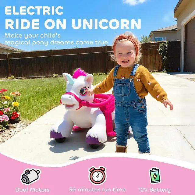 Alt view image 3 of 7 - Qaba 12V Ride on Horse Battery Powered Ride on Toy Ages 1.5-3 Years White | Interactive Electric Kids Riding Pony, Carrot Toy, Comb, Animal Sounds, Light, Gift for Girls Boys