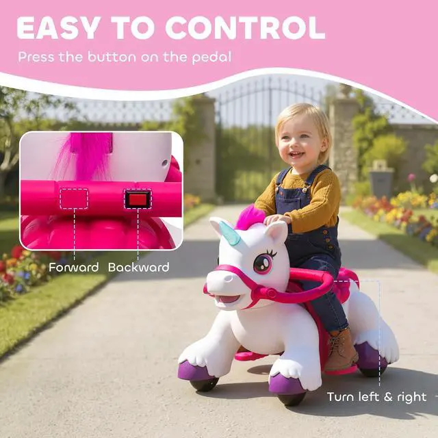Alt view image 5 of 7 - Qaba 12V Ride on Horse Battery Powered Ride on Toy Ages 1.5-3 Years White | Interactive Electric Kids Riding Pony, Carrot Toy, Comb, Animal Sounds, Light, Gift for Girls Boys