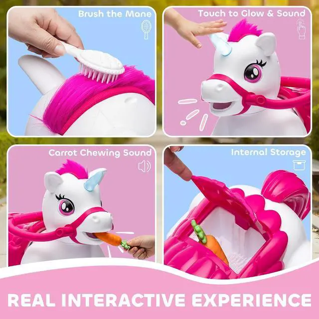 Alt view image 4 of 7 - Qaba 12V Ride on Horse Battery Powered Ride on Toy Ages 1.5-3 Years White | Interactive Electric Kids Riding Pony, Carrot Toy, Comb, Animal Sounds, Light, Gift for Girls Boys