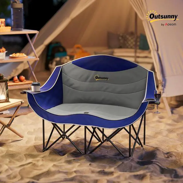 Alt view image 2 of 7 - Double Camping Chair for Adults, Padded Folding Camp Chair for 2 Person with Armrest, Wine Glass Holder, Cup Holder, Carry Bag for Outdoor Sports, Picnics, Supports up to 552 lbs.