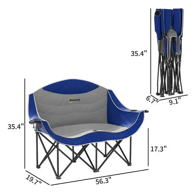 Alt view image 3 of 7 - Double Camping Chair for Adults, Padded Folding Camp Chair for 2 Person with Armrest, Wine Glass Holder, Cup Holder, Carry Bag for Outdoor Sports, Picnics, Supports up to 552 lbs.