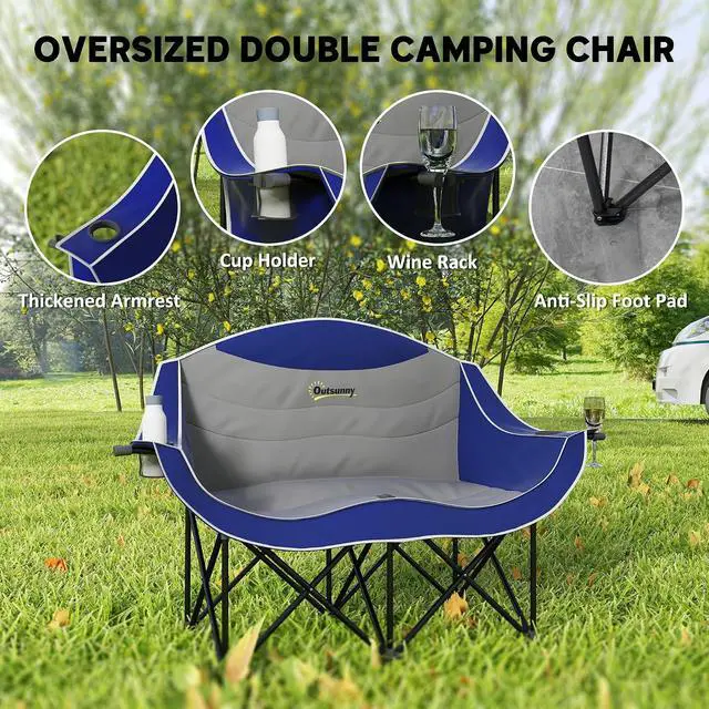 Alt view image 4 of 7 - Double Camping Chair for Adults, Padded Folding Camp Chair for 2 Person with Armrest, Wine Glass Holder, Cup Holder, Carry Bag for Outdoor Sports, Picnics, Supports up to 552 lbs.