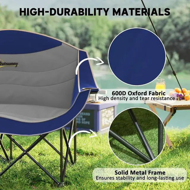 Alt view image 5 of 7 - Double Camping Chair for Adults, Padded Folding Camp Chair for 2 Person with Armrest, Wine Glass Holder, Cup Holder, Carry Bag for Outdoor Sports, Picnics, Supports up to 552 lbs.