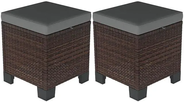 Main image of 2 Pieces Outdoor Patio Ottomans All Weather PE Rattan Gray | Wicker Footstools, Removable Cushions, 3-in-1 Ottoman Seat, Footrest, Side Table, for Backyard, Poolside