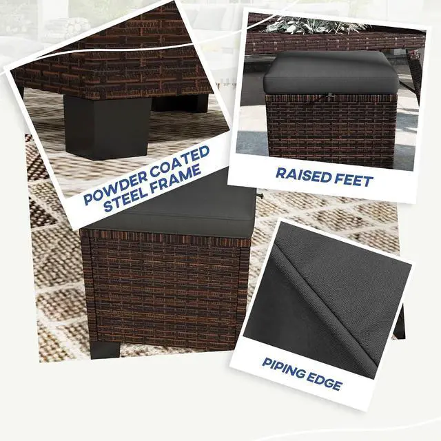 Alt view image 5 of 7 - 2 Pieces Outdoor Patio Ottomans All Weather PE Rattan Gray | Wicker Footstools, Removable Cushions, 3-in-1 Ottoman Seat, Footrest, Side Table, for Backyard, Poolside