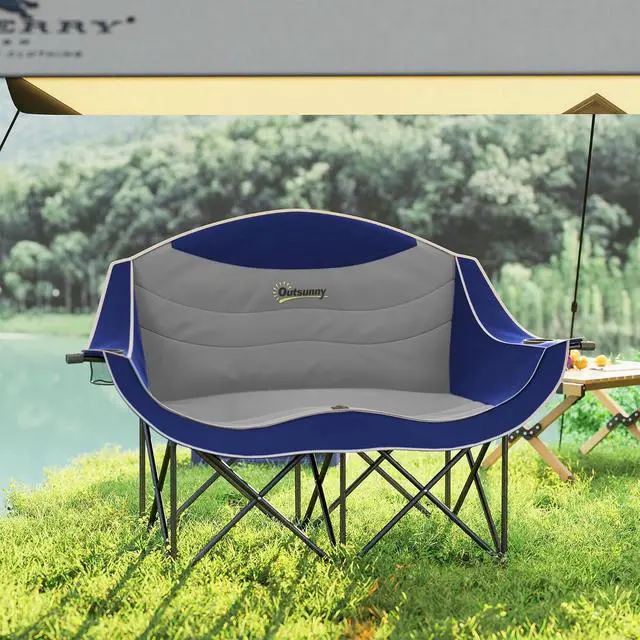 Alt view image 7 of 7 - Double Camping Chair for Adults, Padded Folding Camp Chair for 2 Person with Armrest, Wine Glass Holder, Cup Holder, Carry Bag for Outdoor Sports, Picnics, Supports up to 552 lbs.