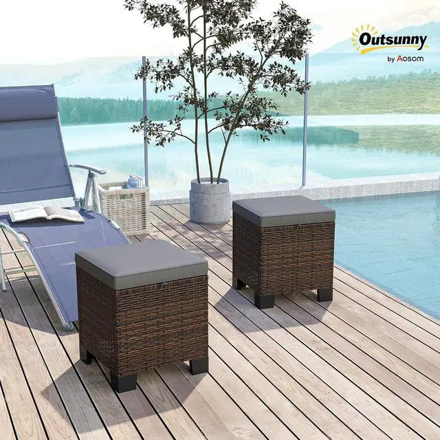 Alt view image 2 of 7 - 2 Pieces Outdoor Patio Ottomans All Weather PE Rattan Gray | Wicker Footstools, Removable Cushions, 3-in-1 Ottoman Seat, Footrest, Side Table, for Backyard, Poolside