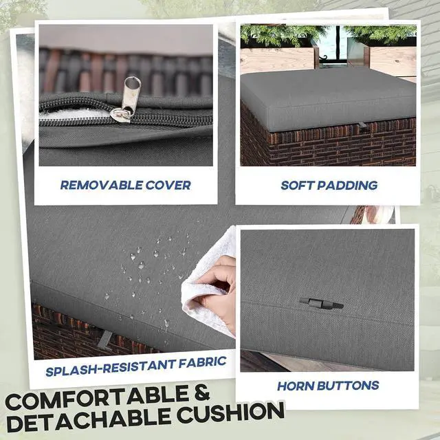 Alt view image 6 of 7 - 2 Pieces Outdoor Patio Ottomans All Weather PE Rattan Gray | Wicker Footstools, Removable Cushions, 3-in-1 Ottoman Seat, Footrest, Side Table, for Backyard, Poolside