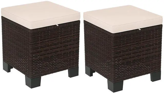 Main image of 2 Pieces Outdoor Patio Ottomans All Weather PE Rattan Cream White | Wicker Footstools, Removable Cushions, 3-in-1 Ottoman Seat, Footrest, Side Table, for Backyard, Poolside