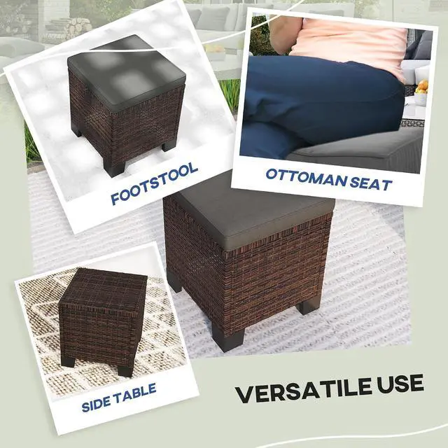 Alt view image 7 of 7 - 2 Pieces Outdoor Patio Ottomans All Weather PE Rattan Gray | Wicker Footstools, Removable Cushions, 3-in-1 Ottoman Seat, Footrest, Side Table, for Backyard, Poolside