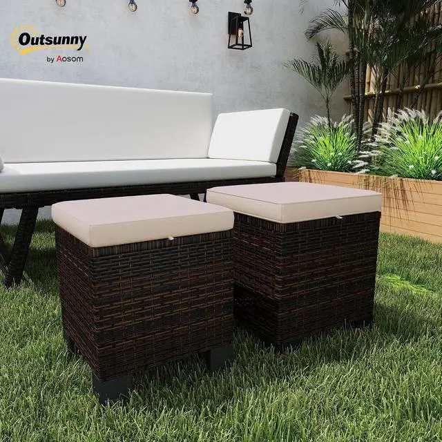Alt view image 2 of 7 - 2 Pieces Outdoor Patio Ottomans All Weather PE Rattan Cream White | Wicker Footstools, Removable Cushions, 3-in-1 Ottoman Seat, Footrest, Side Table, for Backyard, Poolside
