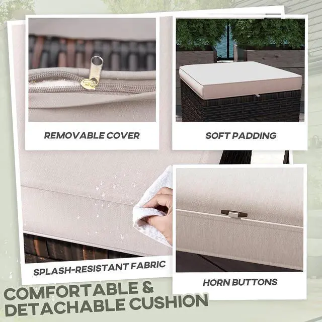 Alt view image 5 of 7 - 2 Pieces Outdoor Patio Ottomans All Weather PE Rattan Cream White | Wicker Footstools, Removable Cushions, 3-in-1 Ottoman Seat, Footrest, Side Table, for Backyard, Poolside