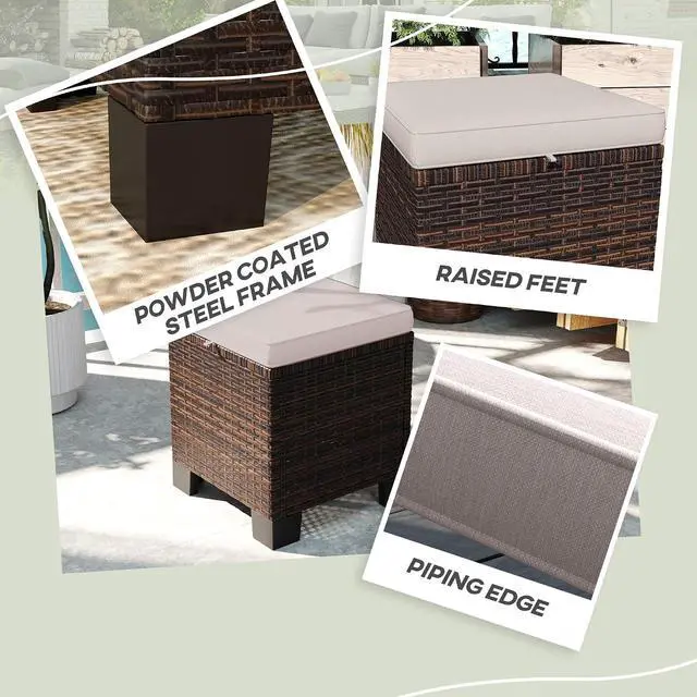 Alt view image 6 of 7 - 2 Pieces Outdoor Patio Ottomans All Weather PE Rattan Cream White | Wicker Footstools, Removable Cushions, 3-in-1 Ottoman Seat, Footrest, Side Table, for Backyard, Poolside