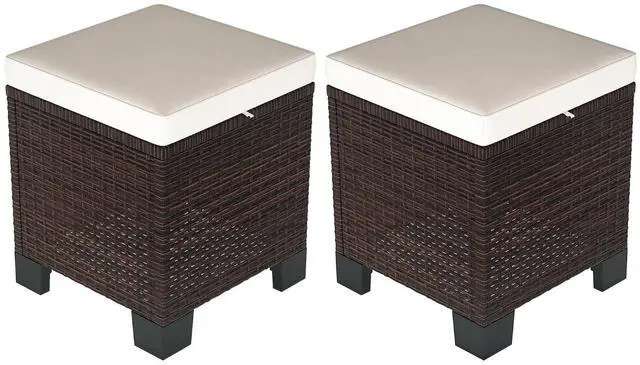 Main image of 2 Pieces Outdoor Patio Ottomans All Weather PE Rattan Beige | Wicker Footstools, Removable Cushions, 3-in-1 Ottoman Seat, Footrest, Side Table, for Backyard, Poolside
