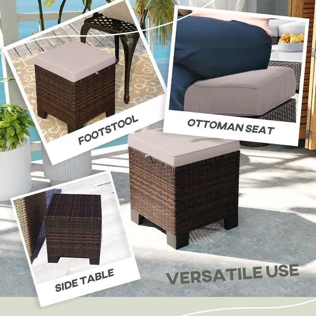 Alt view image 7 of 7 - 2 Pieces Outdoor Patio Ottomans All Weather PE Rattan Cream White | Wicker Footstools, Removable Cushions, 3-in-1 Ottoman Seat, Footrest, Side Table, for Backyard, Poolside