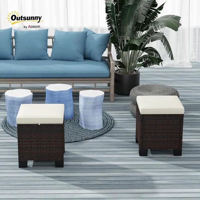 Alt view image 2 of 7 - 2 Pieces Outdoor Patio Ottomans All Weather PE Rattan Beige | Wicker Footstools, Removable Cushions, 3-in-1 Ottoman Seat, Footrest, Side Table, for Backyard, Poolside