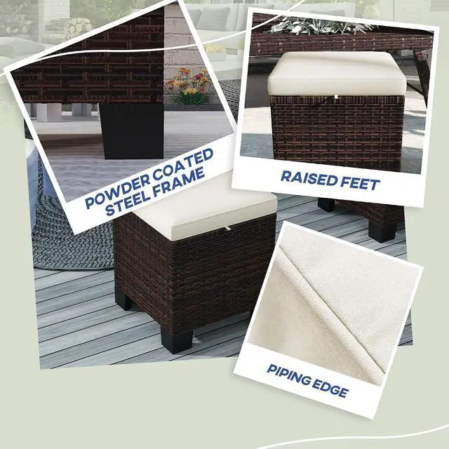 Alt view image 5 of 7 - 2 Pieces Outdoor Patio Ottomans All Weather PE Rattan Beige | Wicker Footstools, Removable Cushions, 3-in-1 Ottoman Seat, Footrest, Side Table, for Backyard, Poolside