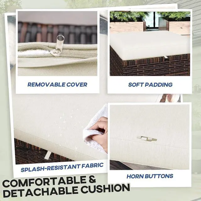 Alt view image 6 of 7 - 2 Pieces Outdoor Patio Ottomans All Weather PE Rattan Beige | Wicker Footstools, Removable Cushions, 3-in-1 Ottoman Seat, Footrest, Side Table, for Backyard, Poolside