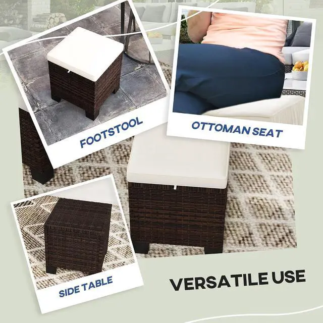 Alt view image 7 of 7 - 2 Pieces Outdoor Patio Ottomans All Weather PE Rattan Beige | Wicker Footstools, Removable Cushions, 3-in-1 Ottoman Seat, Footrest, Side Table, for Backyard, Poolside