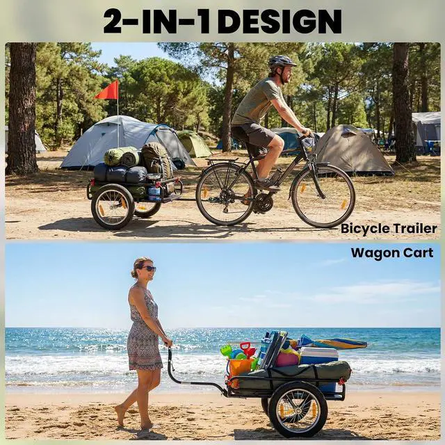 Alt view image 3 of 7 - 2-in-1 Bike Cargo Trailer & Wagon Cart Fits 22"-28" Bike Wheels | Multi-Use Bicycle Trailer, Quick Release 16" Pneumatic Wheels, Kickstand, Red Flag, Universal Hitch, 132lbs Capacity