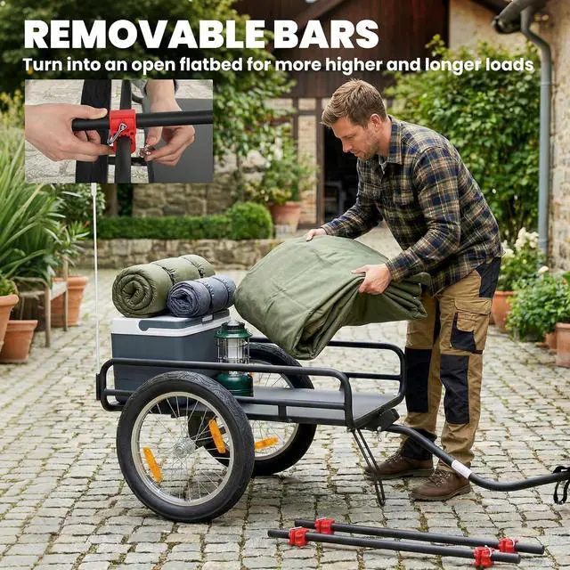 Alt view image 4 of 7 - 2-in-1 Bike Cargo Trailer & Wagon Cart Fits 22"-28" Bike Wheels | Multi-Use Bicycle Trailer, Quick Release 16" Pneumatic Wheels, Kickstand, Red Flag, Universal Hitch, 132lbs Capacity