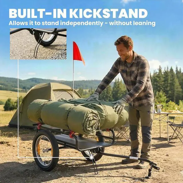 Alt view image 6 of 7 - 2-in-1 Bike Cargo Trailer & Wagon Cart Fits 22"-28" Bike Wheels | Multi-Use Bicycle Trailer, Quick Release 16" Pneumatic Wheels, Kickstand, Red Flag, Universal Hitch, 132lbs Capacity