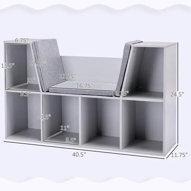 Alt view image 3 of 7 - 6-Cubby Kids Bookcase with Reading Nook and Cushion Grey | Multi-Purpose Storage Organizer, for Bedroom, Living Room