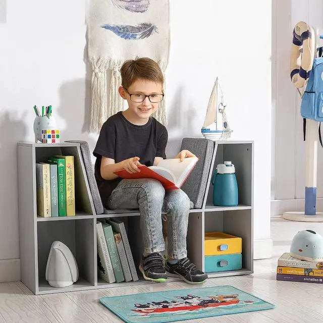 Alt view image 2 of 7 - 6-Cubby Kids Bookcase with Reading Nook and Cushion Grey | Multi-Purpose Storage Organizer, for Bedroom, Living Room