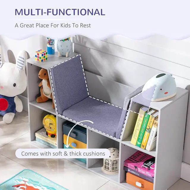 Alt view image 5 of 7 - 6-Cubby Kids Bookcase with Reading Nook and Cushion Grey | Multi-Purpose Storage Organizer, for Bedroom, Living Room