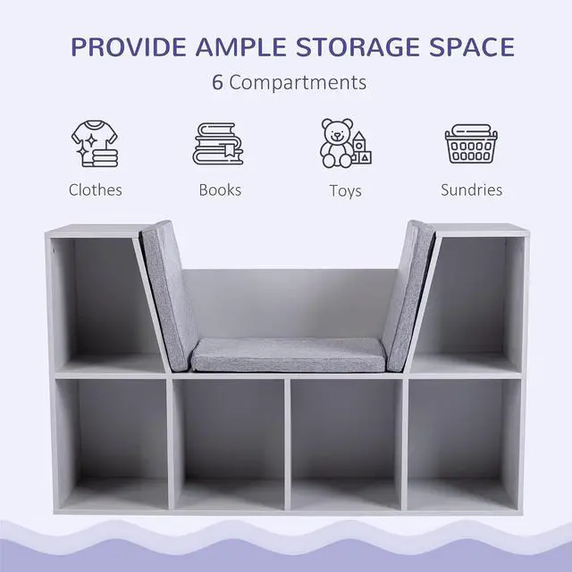 Alt view image 4 of 7 - 6-Cubby Kids Bookcase with Reading Nook and Cushion Grey | Multi-Purpose Storage Organizer, for Bedroom, Living Room