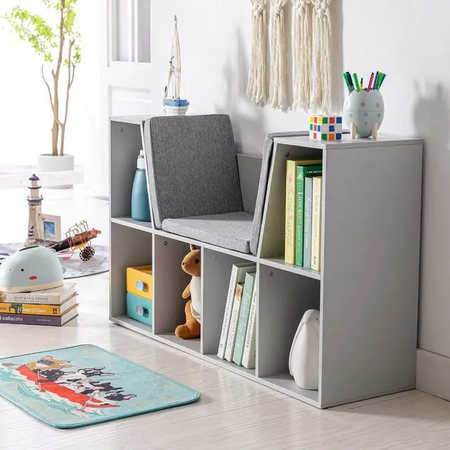 Alt view image 7 of 7 - 6-Cubby Kids Bookcase with Reading Nook and Cushion Grey | Multi-Purpose Storage Organizer, for Bedroom, Living Room
