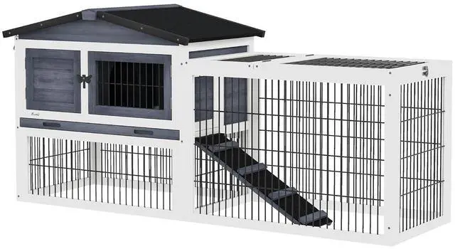Main image of PawHut 2 Levels Outdoor Rabbit Hutch Openable Top for Rabbits 59" Dark Gray | Wooden Large Rabbit Cage with Run, Weatherproof Roof, Removable Tray, Ramp, for Chickens, Ducks