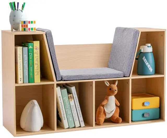 Main image of 6-Cubby Kids Bookcase with Reading Nook and Cushion Natural | Multi-Purpose Storage Organizer, for Bedroom, Living Room