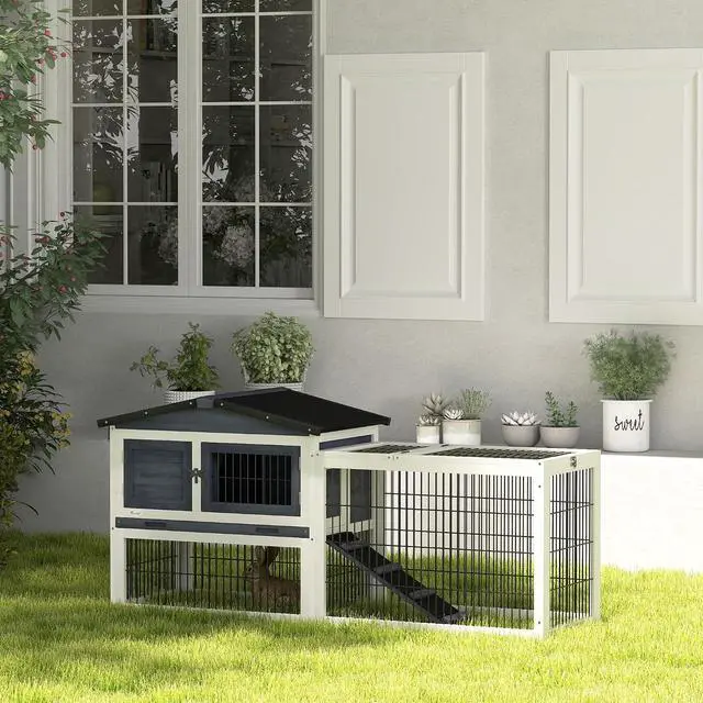 Alt view image 2 of 7 - PawHut 2 Levels Outdoor Rabbit Hutch Openable Top for Rabbits 59" Dark Gray | Wooden Large Rabbit Cage with Run, Weatherproof Roof, Removable Tray, Ramp, for Chickens, Ducks
