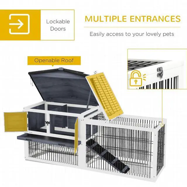 Alt view image 4 of 7 - PawHut 2 Levels Outdoor Rabbit Hutch Openable Top for Rabbits 59" Dark Gray | Wooden Large Rabbit Cage with Run, Weatherproof Roof, Removable Tray, Ramp, for Chickens, Ducks