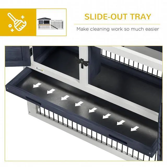 Alt view image 5 of 7 - PawHut 2 Levels Outdoor Rabbit Hutch Openable Top for Rabbits 59" Dark Gray | Wooden Large Rabbit Cage with Run, Weatherproof Roof, Removable Tray, Ramp, for Chickens, Ducks